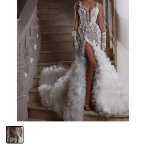 Elegant White Beaded Gown with Train With Matching Gloves.